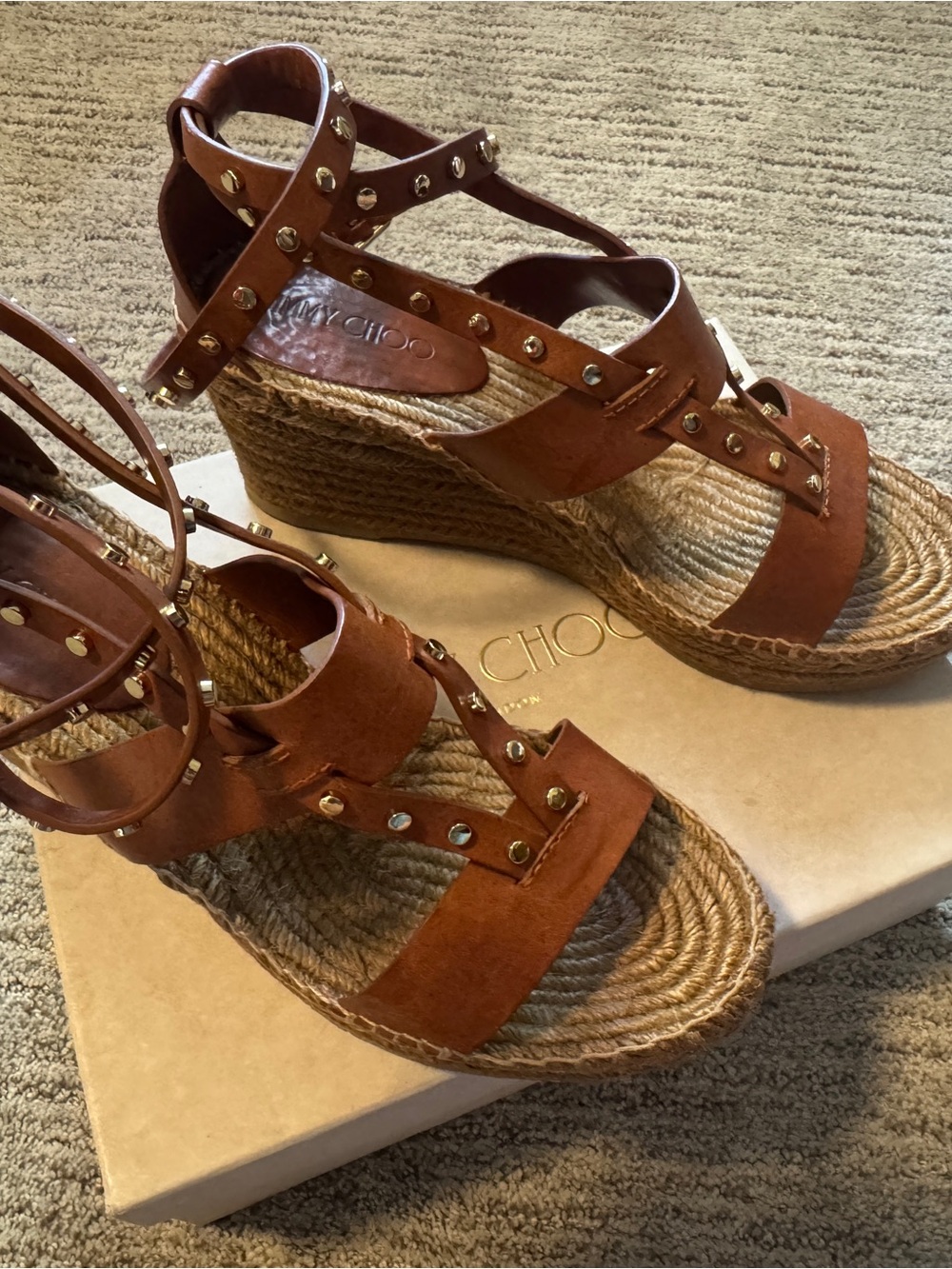 Jimmy Choo Gold Studded Brown Leather Espadrille Wedge Sandals 41 // 9.5 / 10 - Picture 4 of 10